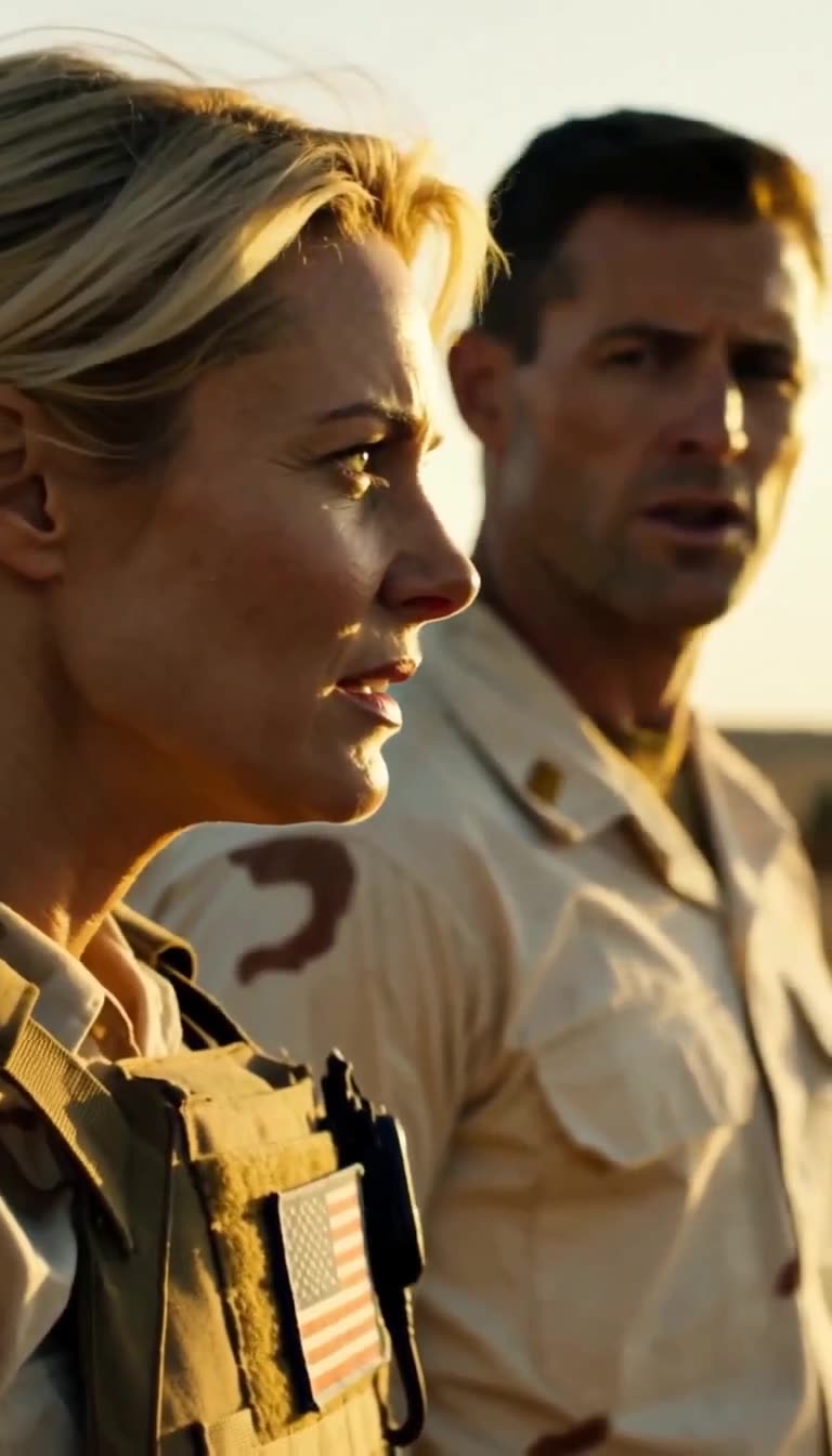 Side profile of a woman in desert uniform with flag patch and tactical vest standing in front of a man in desert uniform at sunset