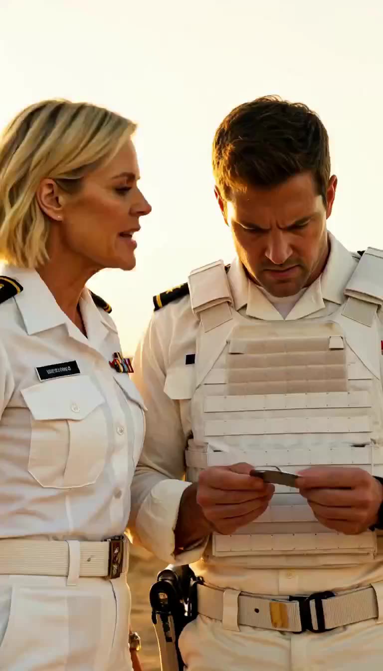 Sarah confronts Commander Marcus over a classified photo at sunset