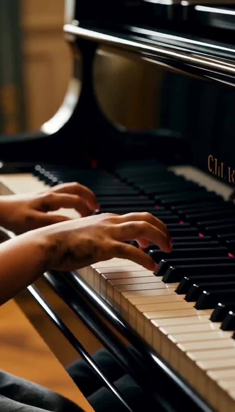 Close-up of dirty small hands playing masterfully on grand piano keys