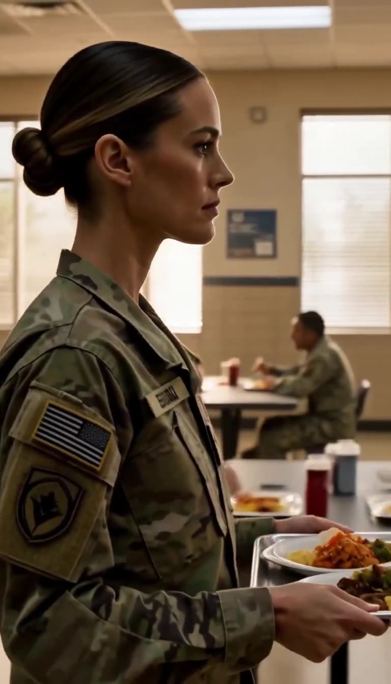 Female soldier holding a tray walking past tables where other soldiers are eating