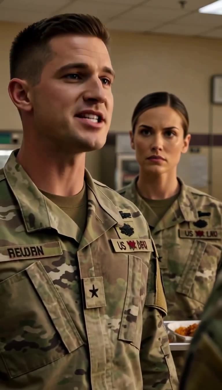 Male soldier standing in foreground speaking while female soldier with tray stands behind him facing him