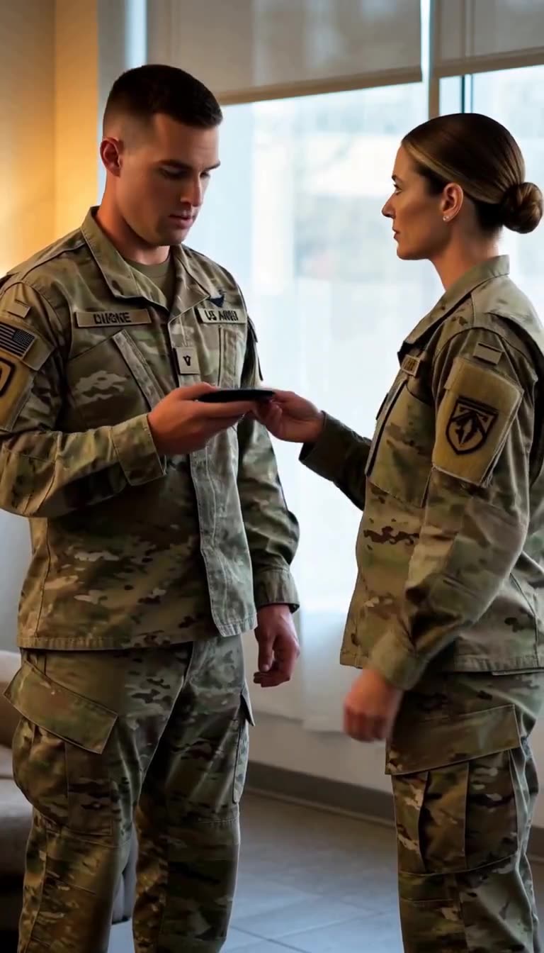 Female officer calmly handing small black wallet to male soldier