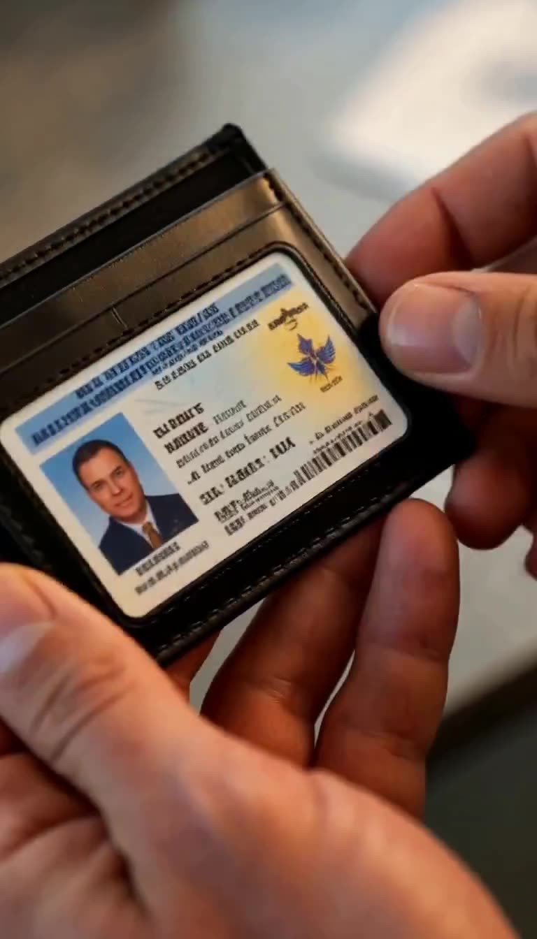 Extreme close-up of hands holding open black wallet revealing official ID card