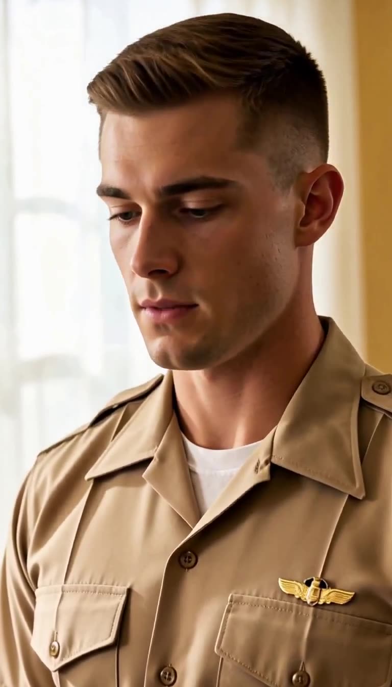 Close-up of the fictional young male soldier looking down with a humbled, respectful expression in his tan uniform