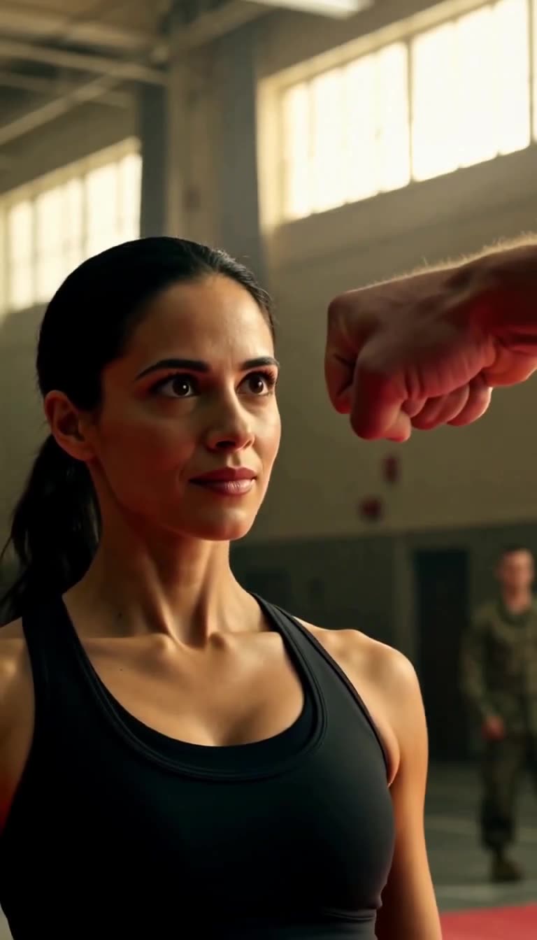 Close-up of a calm woman with a ponytail in a black tank top looking sideways at a fist stopped inches from her face