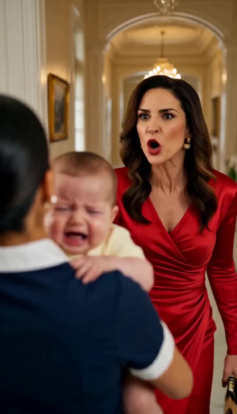A woman in a red satin dress shouting at the housekeeper who is holding the crying baby in a luxury hallway
