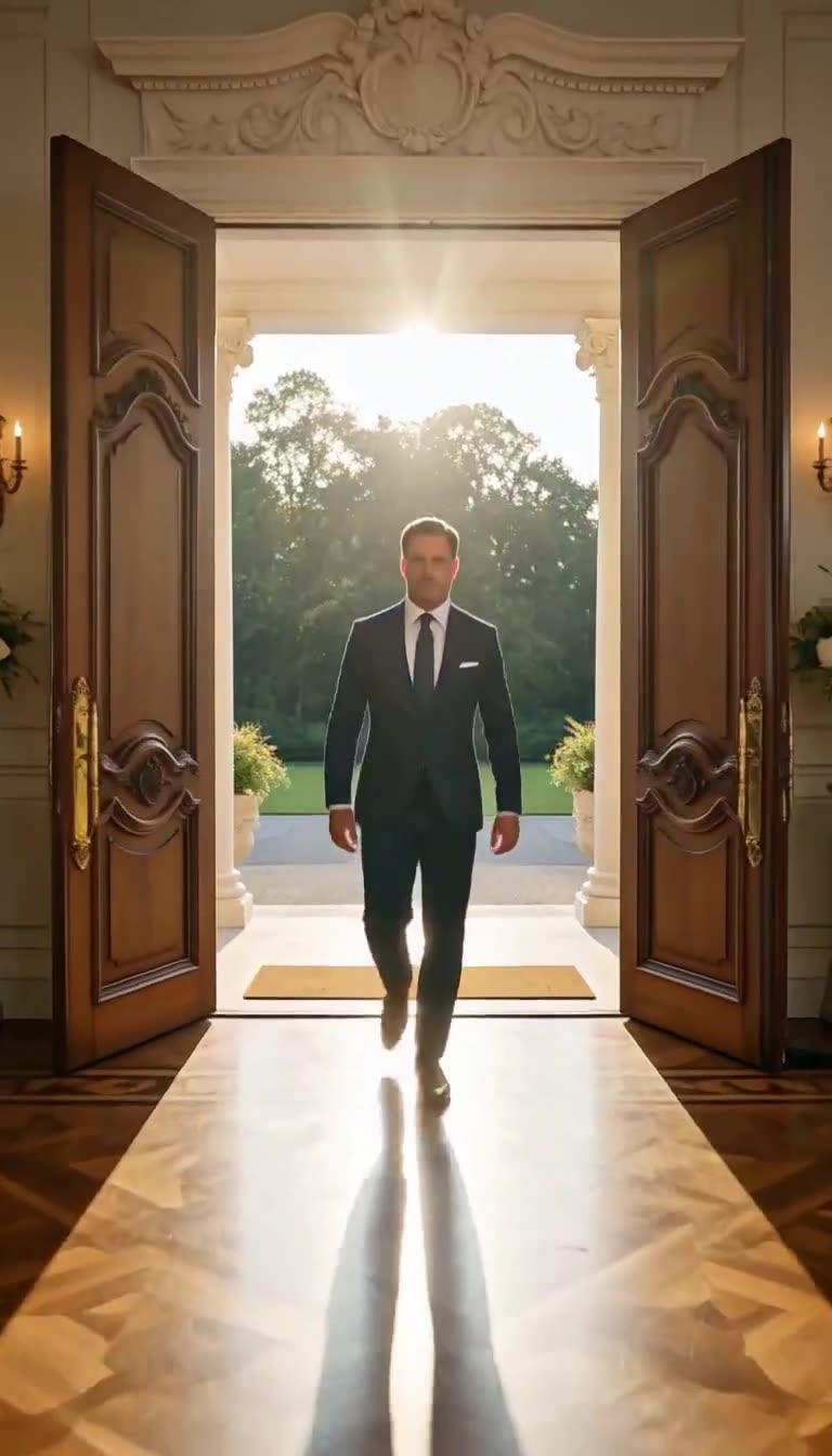 A man in a dark business suit walking through tall open wooden doors into a sunlit mansion entryway