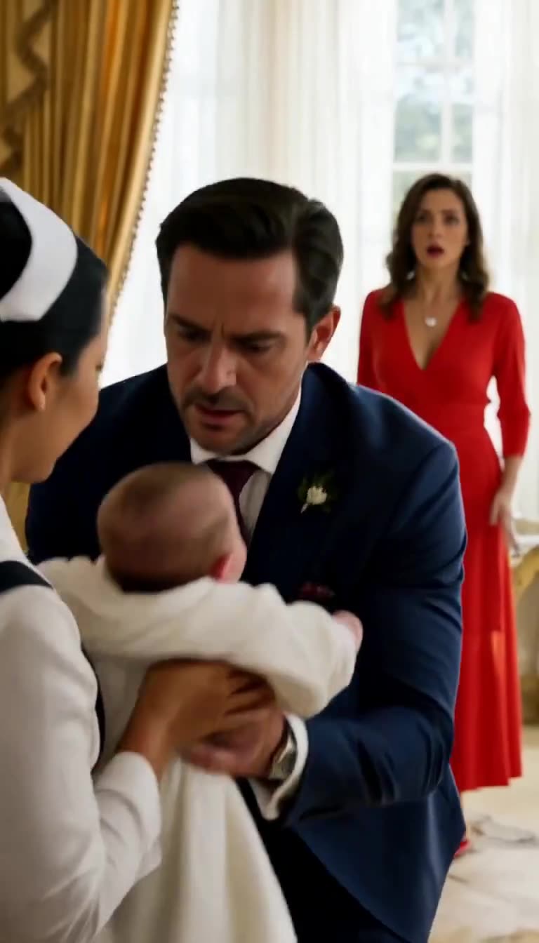 Daniel reaching to take a crying baby in white from housekeeper Maria while woman in red watches in shock