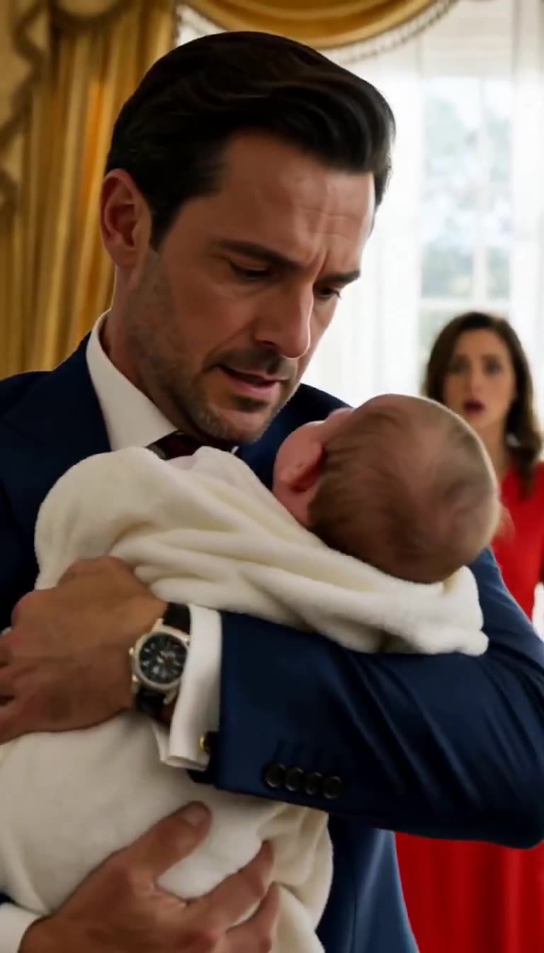 Daniel tenderly holding the baby against his chest while the woman in red looks on in the background