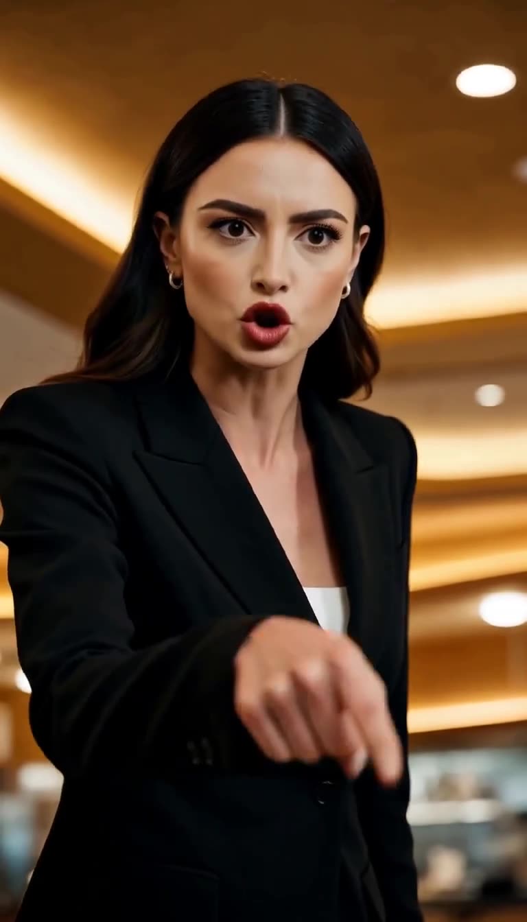 Woman in black business blazer pointing forward with an angry expression in a bright cafeteria