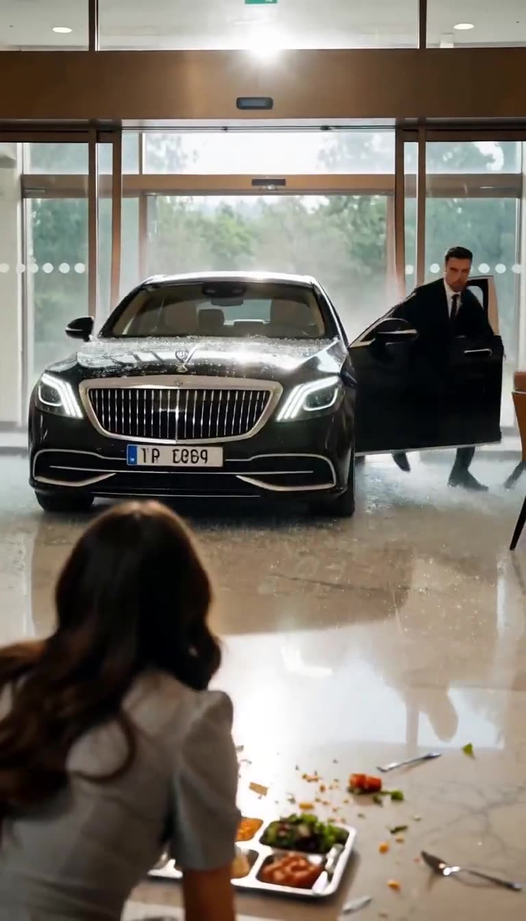Black luxury sedan stopped inside a glass cafeteria entrance as a suited man exits while the young woman watches from the floor