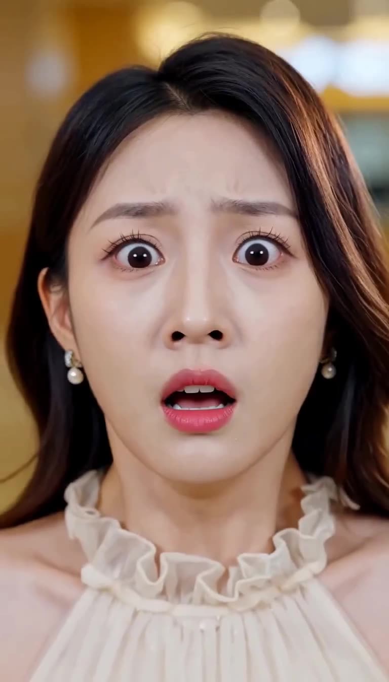 Extreme close-up of a woman with wide terrified eyes and mouth open in shock