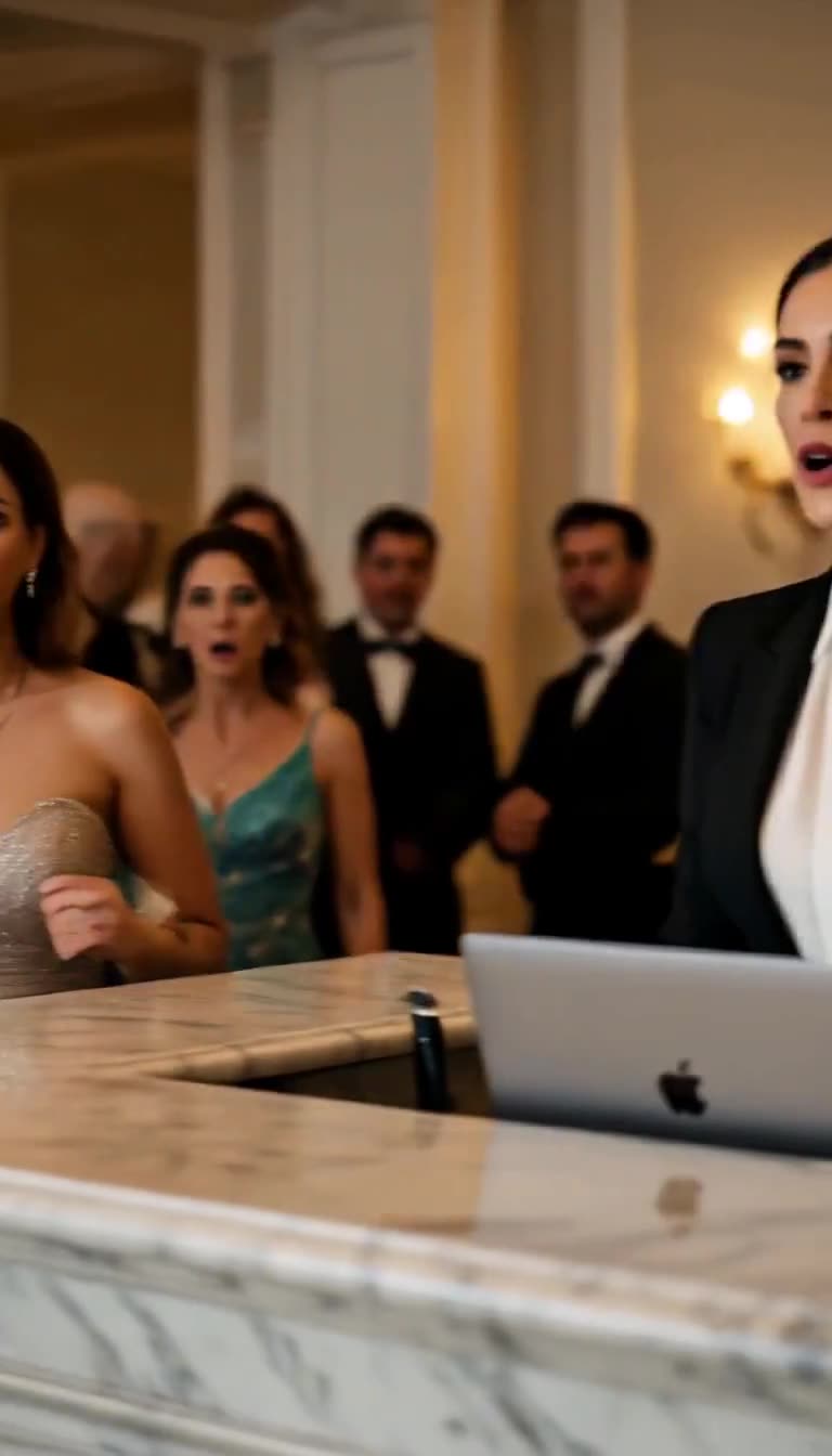 Shocked gala guests in evening wear gathered behind a marble hotel reception desk with a laptop