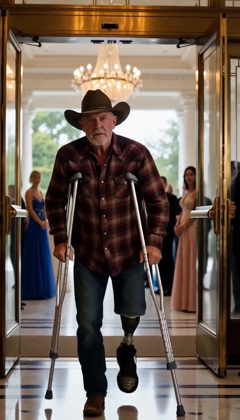 Older man with cowboy hat, crutches and prosthetic leg walking through hotel entrance doors into lobby