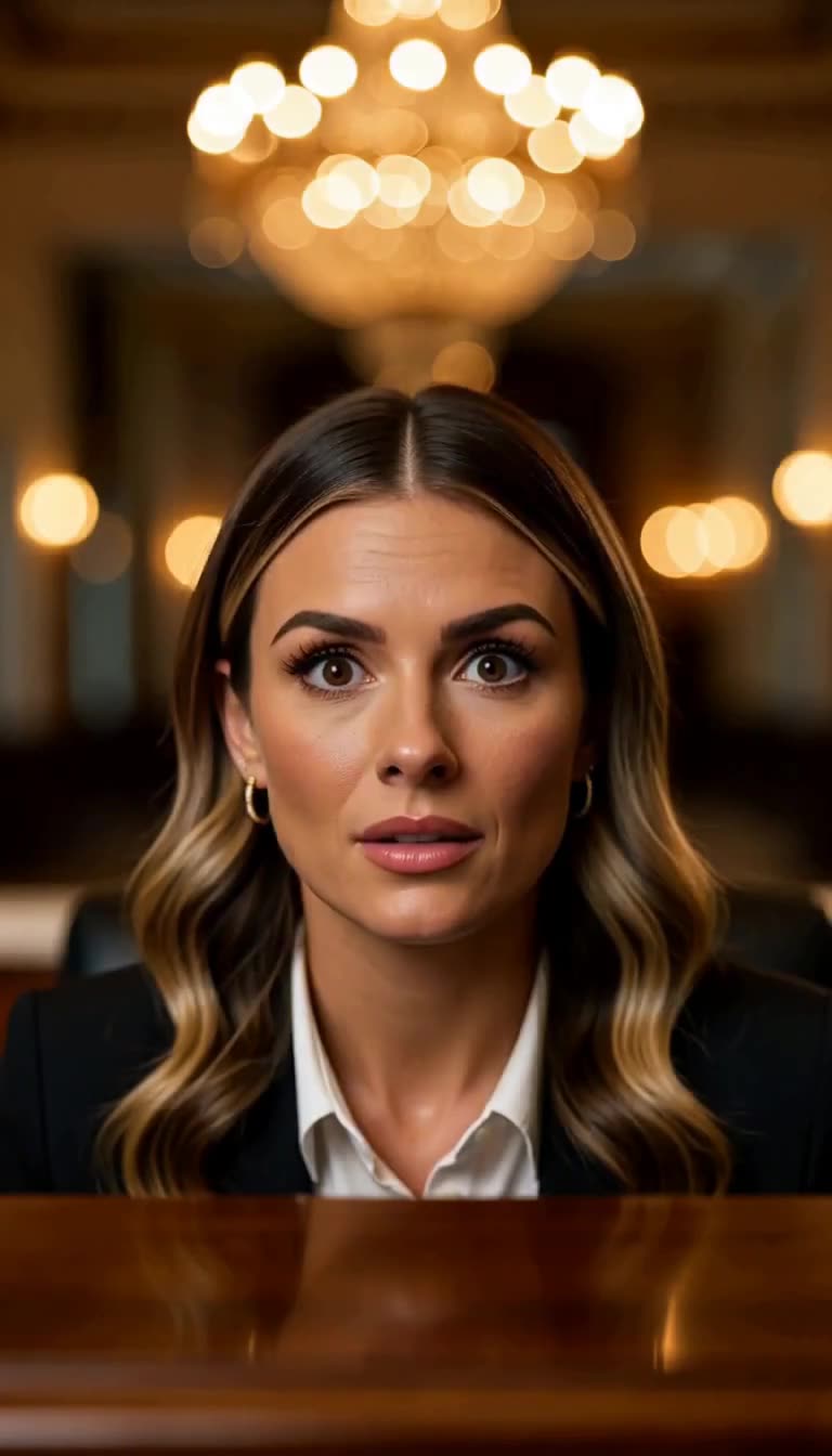 A fictional female receptionist in black blazer behind a wood desk staring forward with wide, concerned eyes under a chandelier