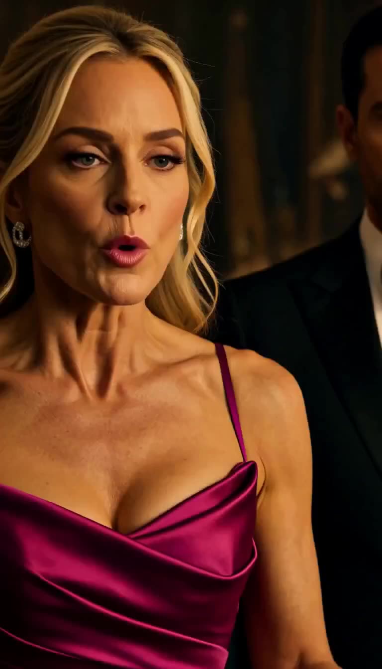 Close-up of a surprised woman in a magenta dress with a man in a tuxedo behind her