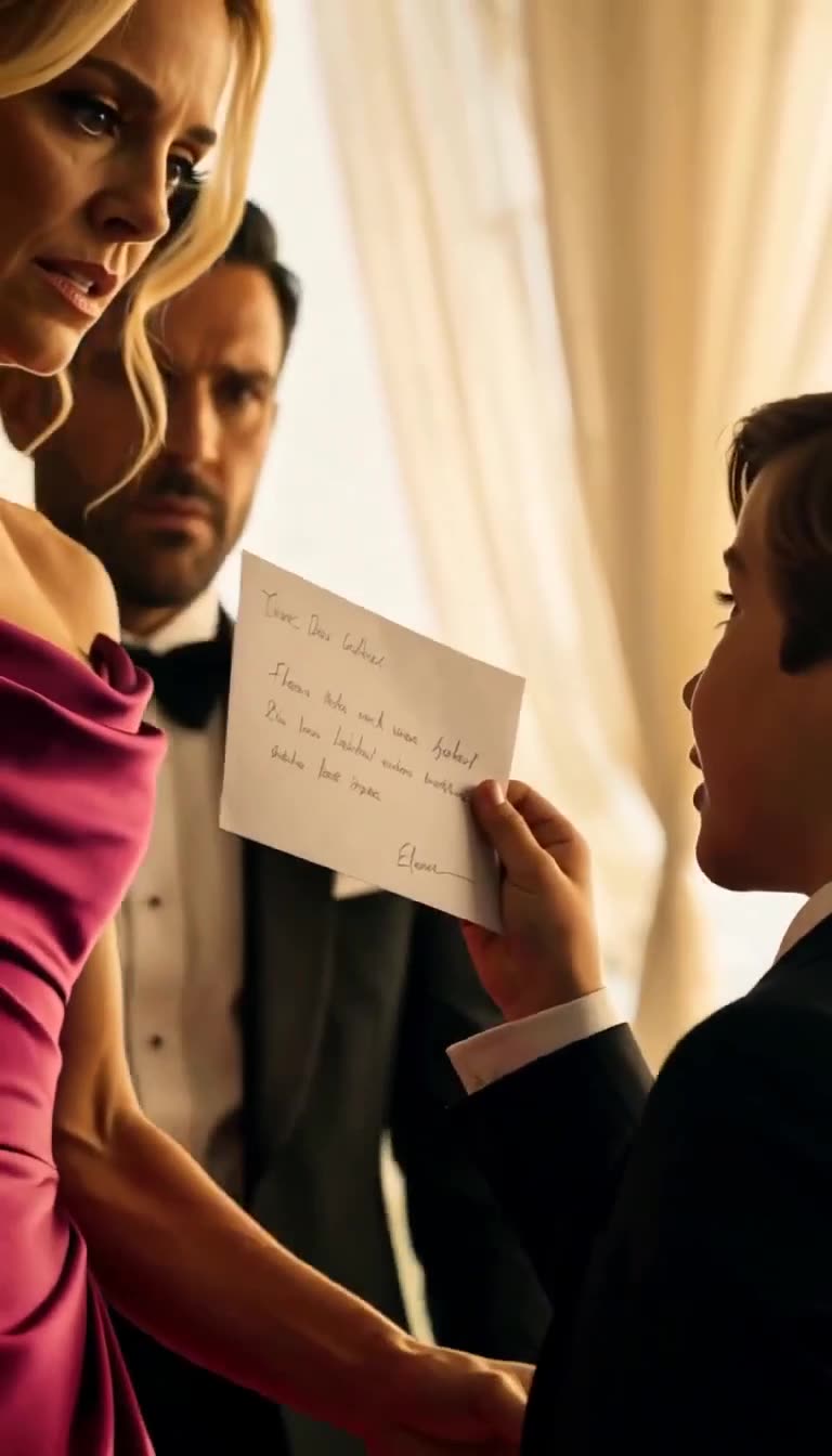 A boy in a suit showing a handwritten note to a woman in a magenta dress and a man in a tuxedo
