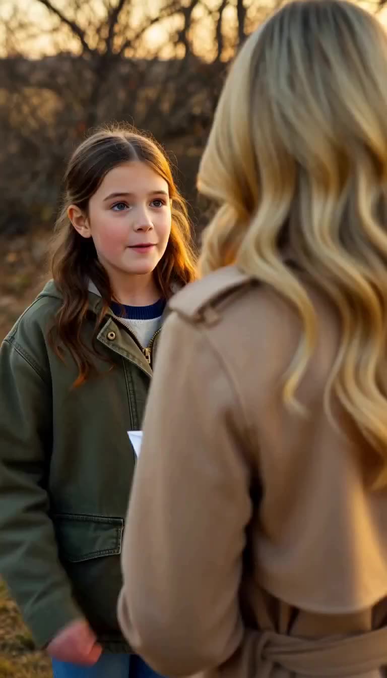 The girl faces the woman outdoors at sunset, holding a white paper while they talk