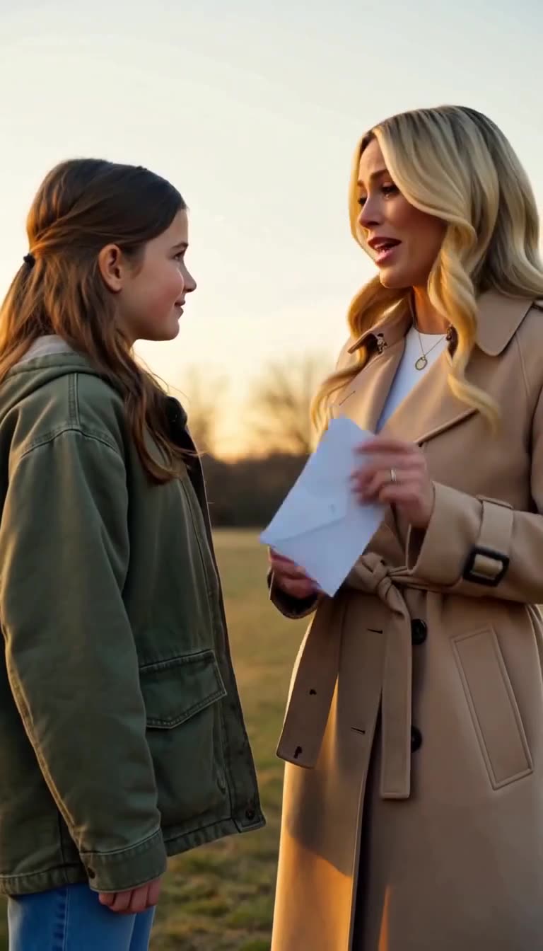 The woman holds a white envelope and looks emotionally at the smiling girl in an open field at sunset, wearing a round pendant necklace