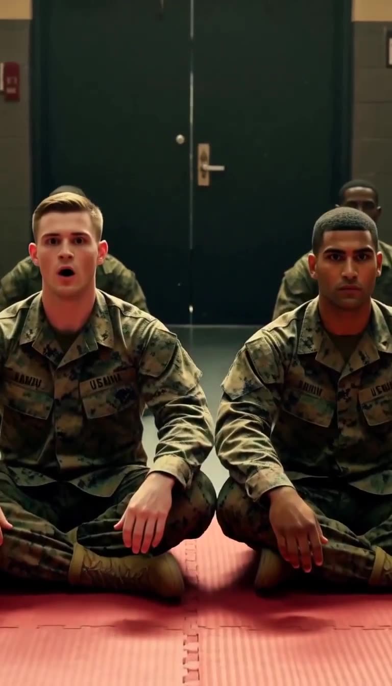 Two soldiers in camouflage uniforms sitting on the mat watching with shocked and focused expressions