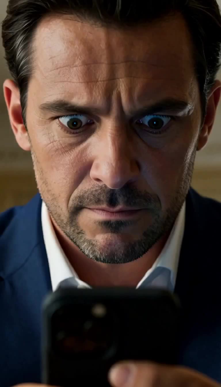 A man in a blue suit staring in shock at a phone he is holding