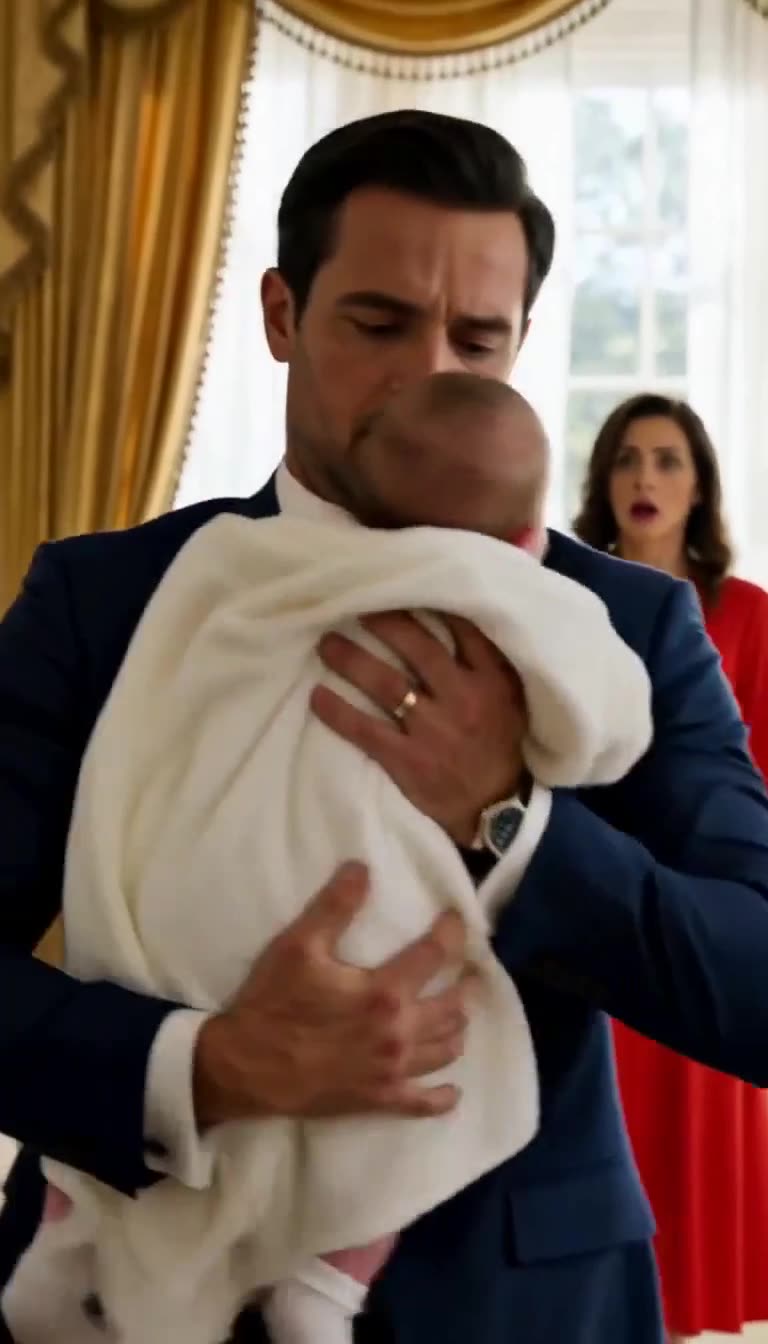 A man in a suit holding a baby wrapped in a white blanket while a woman in red looks on in shock