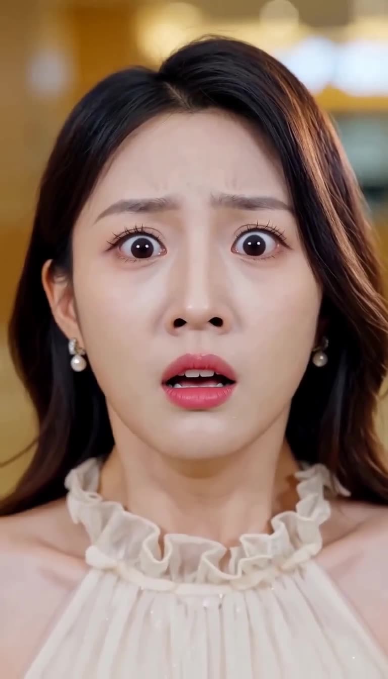 Close-up of a young woman in a white ruffled dress with a shocked, wide-eyed expression