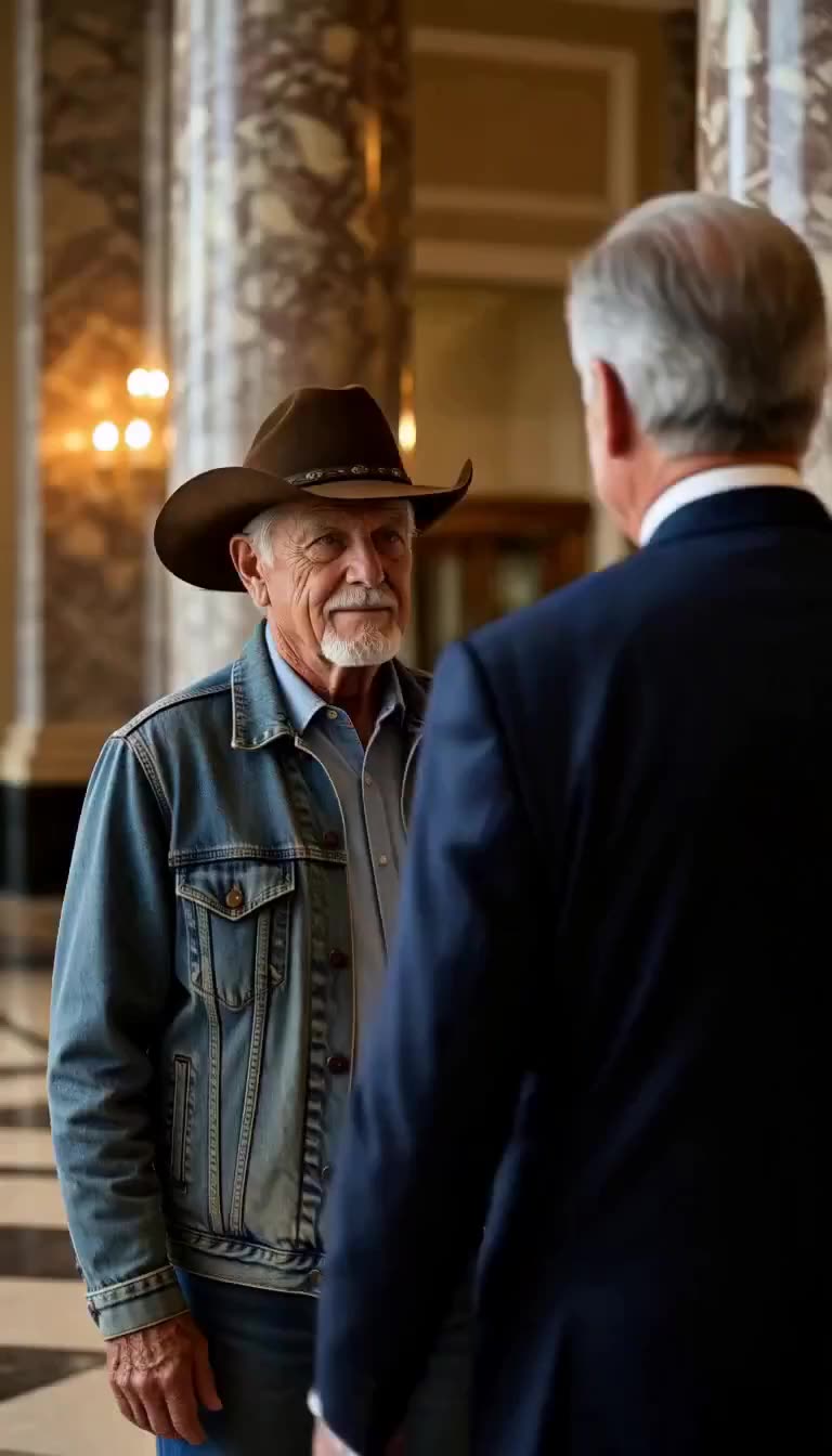 Older man in cowboy hat and denim jacket facing a man in a dark suit in a marble hotel lobby