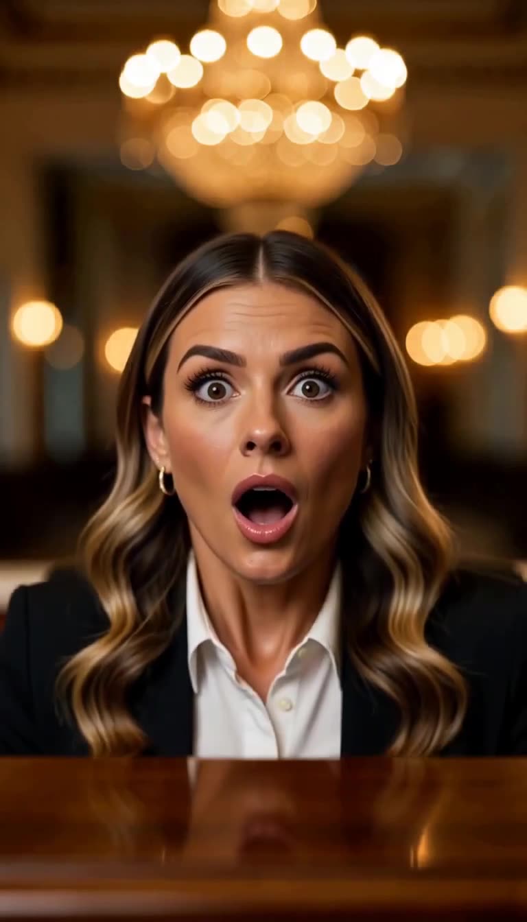Woman in business attire behind a hotel front desk with a shocked expression under a chandelier