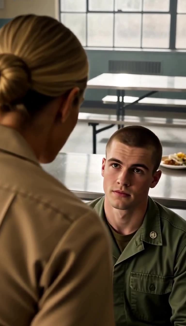 Stunned private looks up as officer confronts him face to face at table