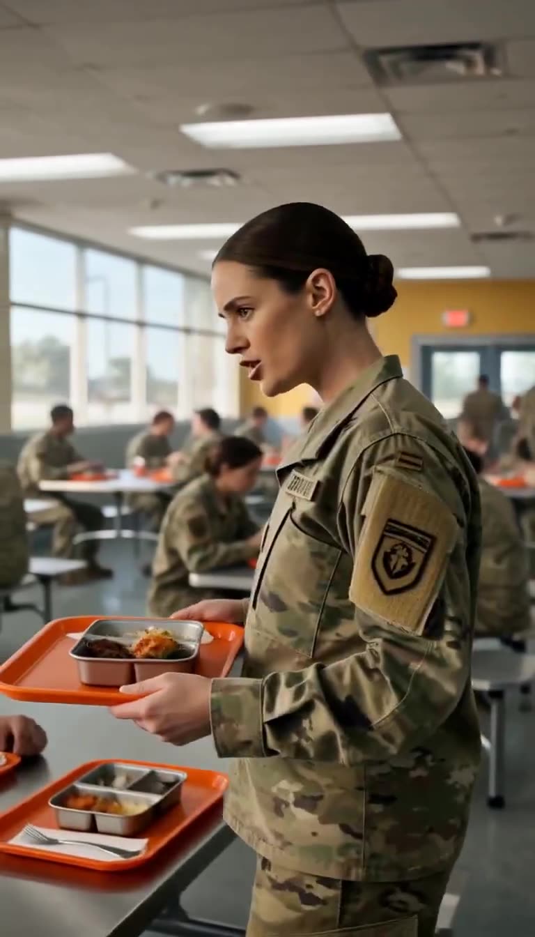 Female officer holding tray speaking at dining table