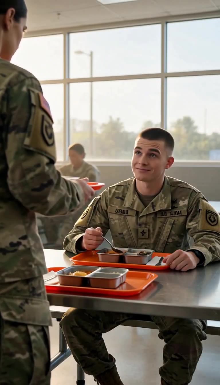 Young private smirking up at standing officer