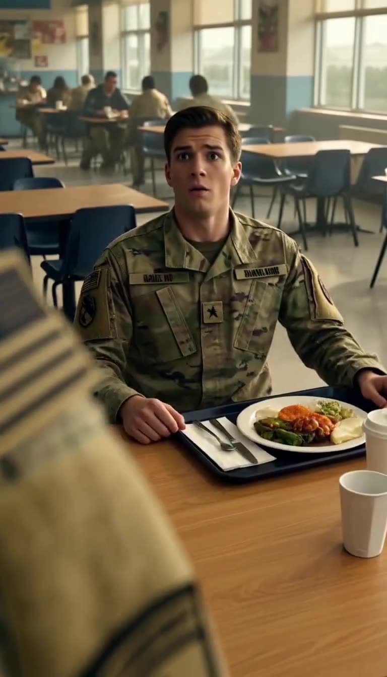 Shocked young private staring up from his lunch tray