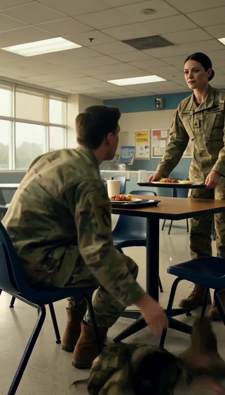 Private clearing bag from chair as commander waits with tray
