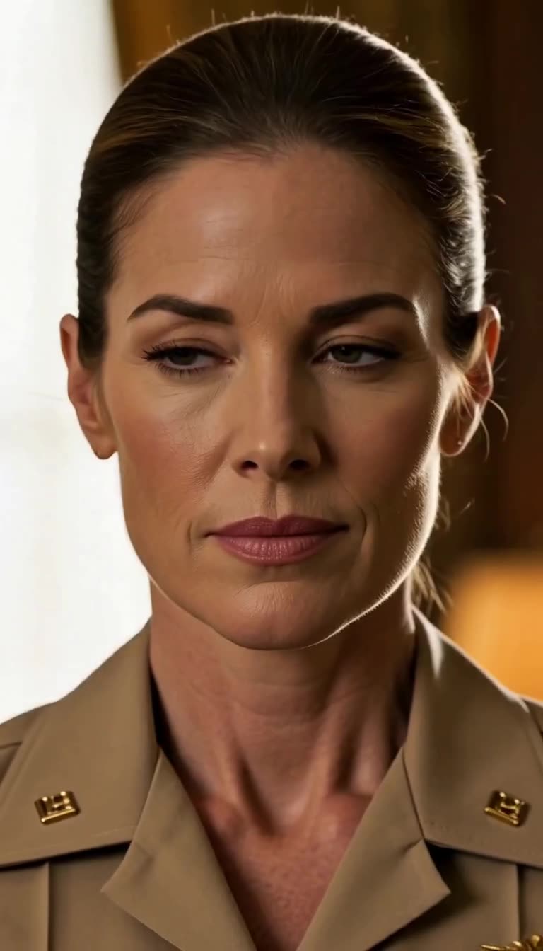 Close-up of Commander Claire's steady defiant gaze