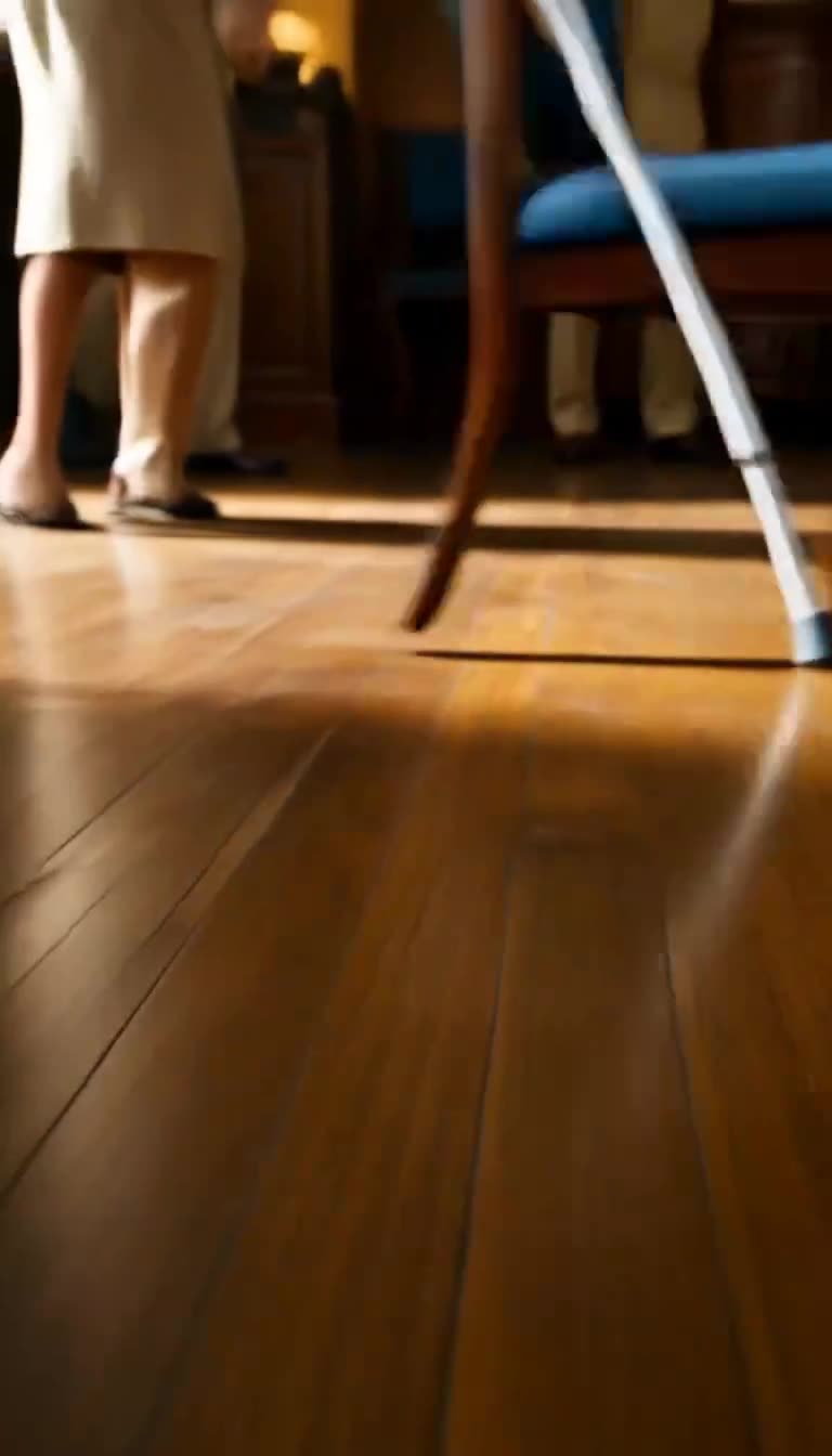 Crutch hooking chair leg above polished floor