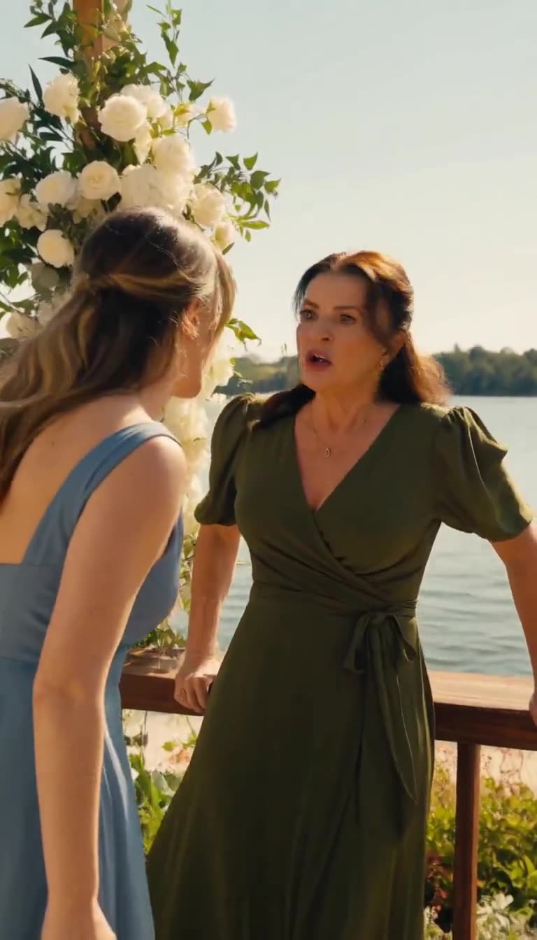 Stunned mother gripping railing after wedding payment reversal