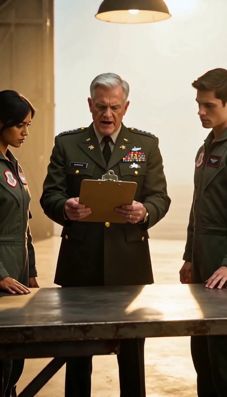 Colonel reading clipboard between Maya and Ryan