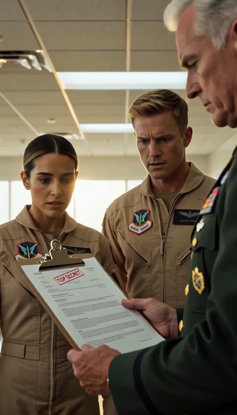 Close view of TOP SECRET stamp as pilots stare in shock
