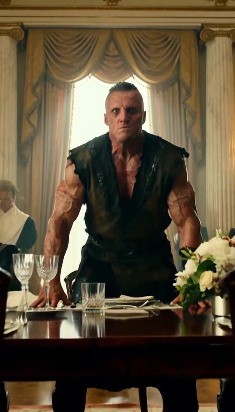 Scarred veteran Marcus rising with hands on banquet table in shock