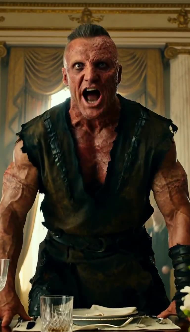 Close-up of Marcus shouting in disbelief at dinner table