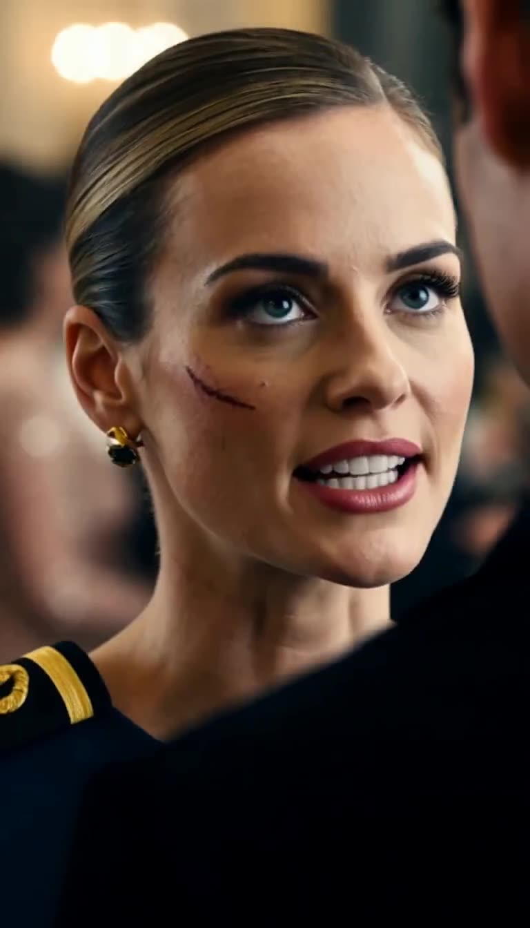 Close-up of Commander Olivia answering calmly with scar visible