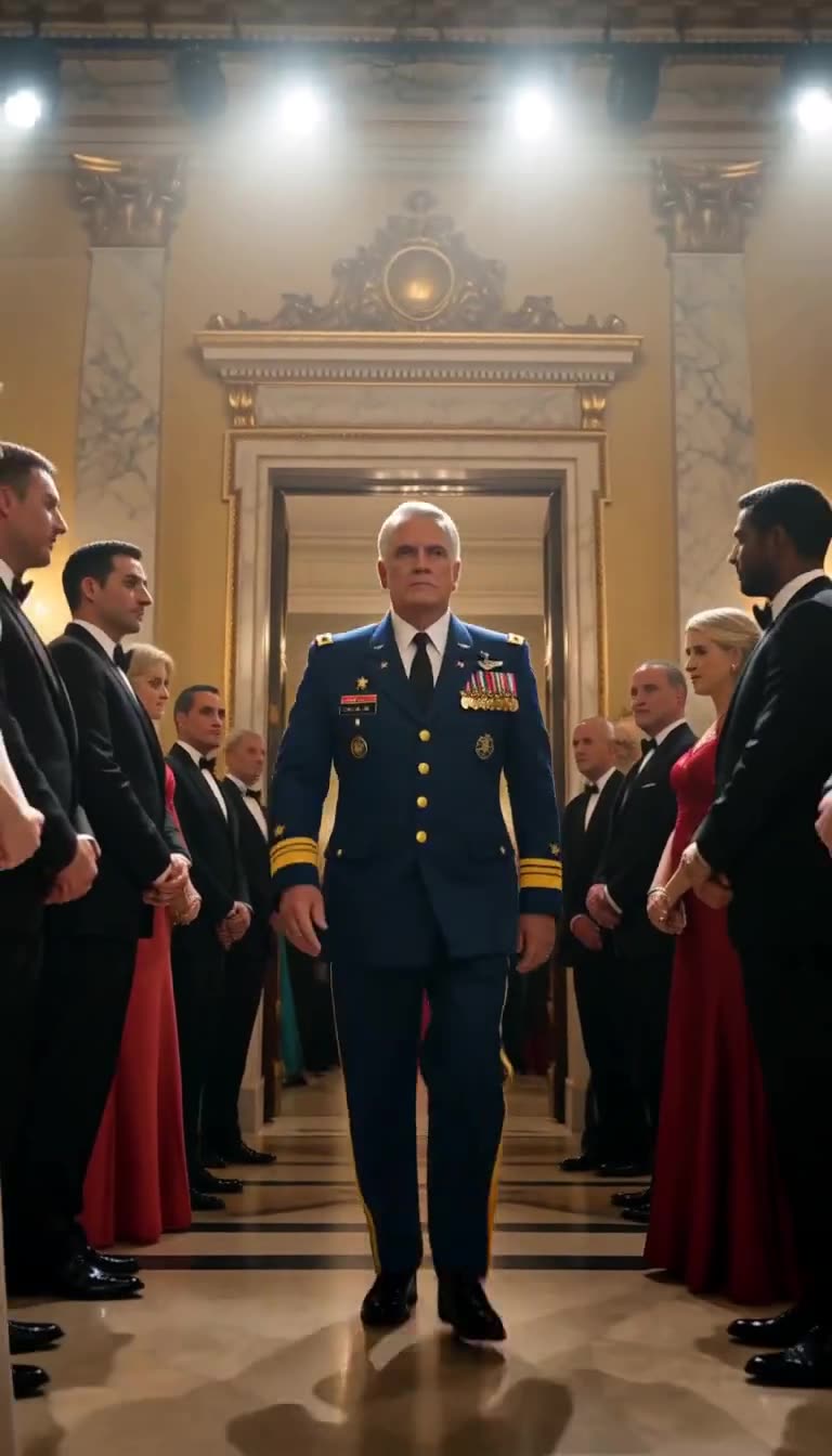 General Carter strides authoritatively through parted gala crowd