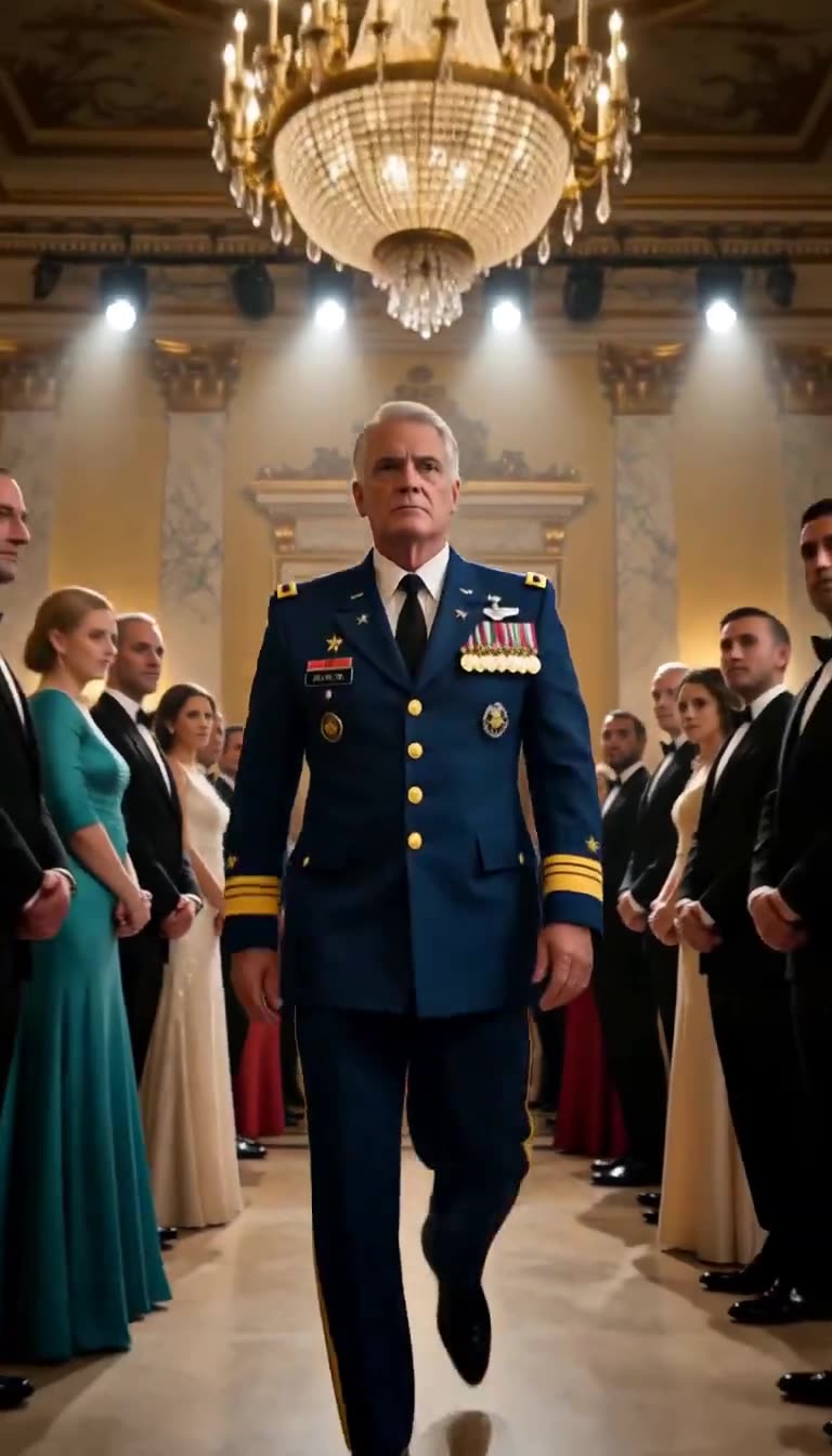 Low-angle view of General Carter marching toward camera in dress uniform