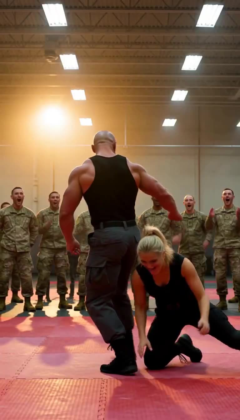 Female soldier crouches dodging kick while soldiers gasp with open mouths