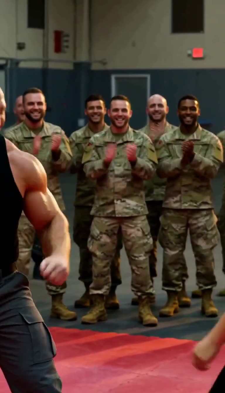Soldiers in camo applaud and laugh after stunning dodge in Army gym