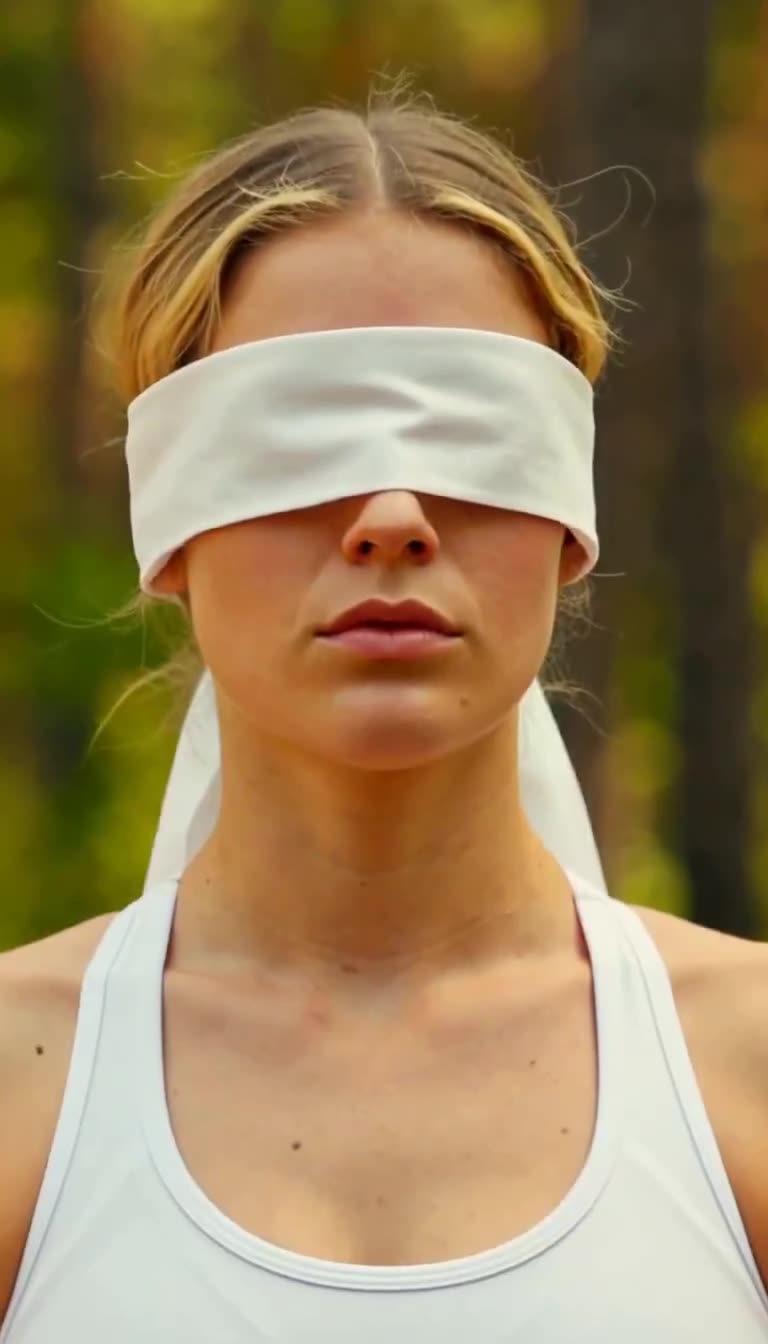 Close-up of calm blindfolded female fighter in pines