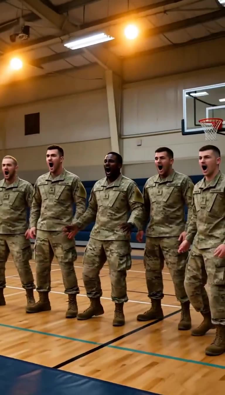 Five soldiers shout WOAH in shock at the dodge