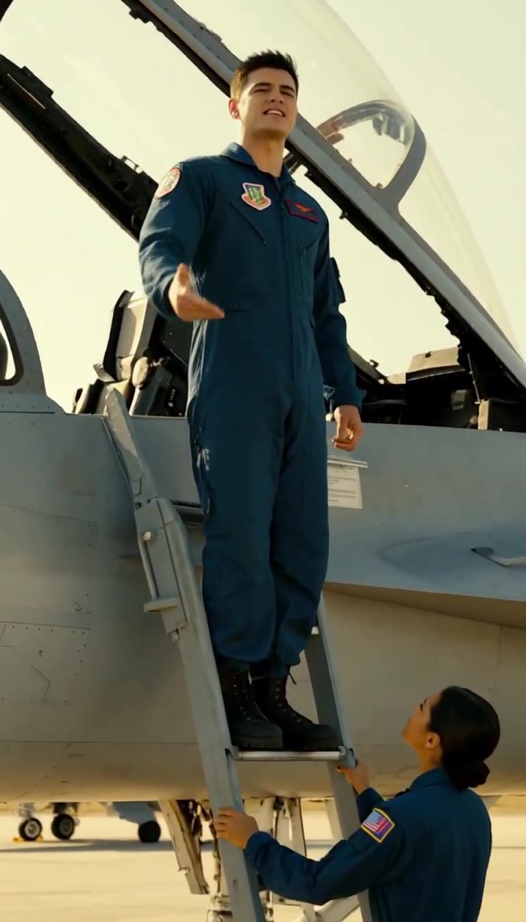 Pilot gestures down as woman steadies ladder