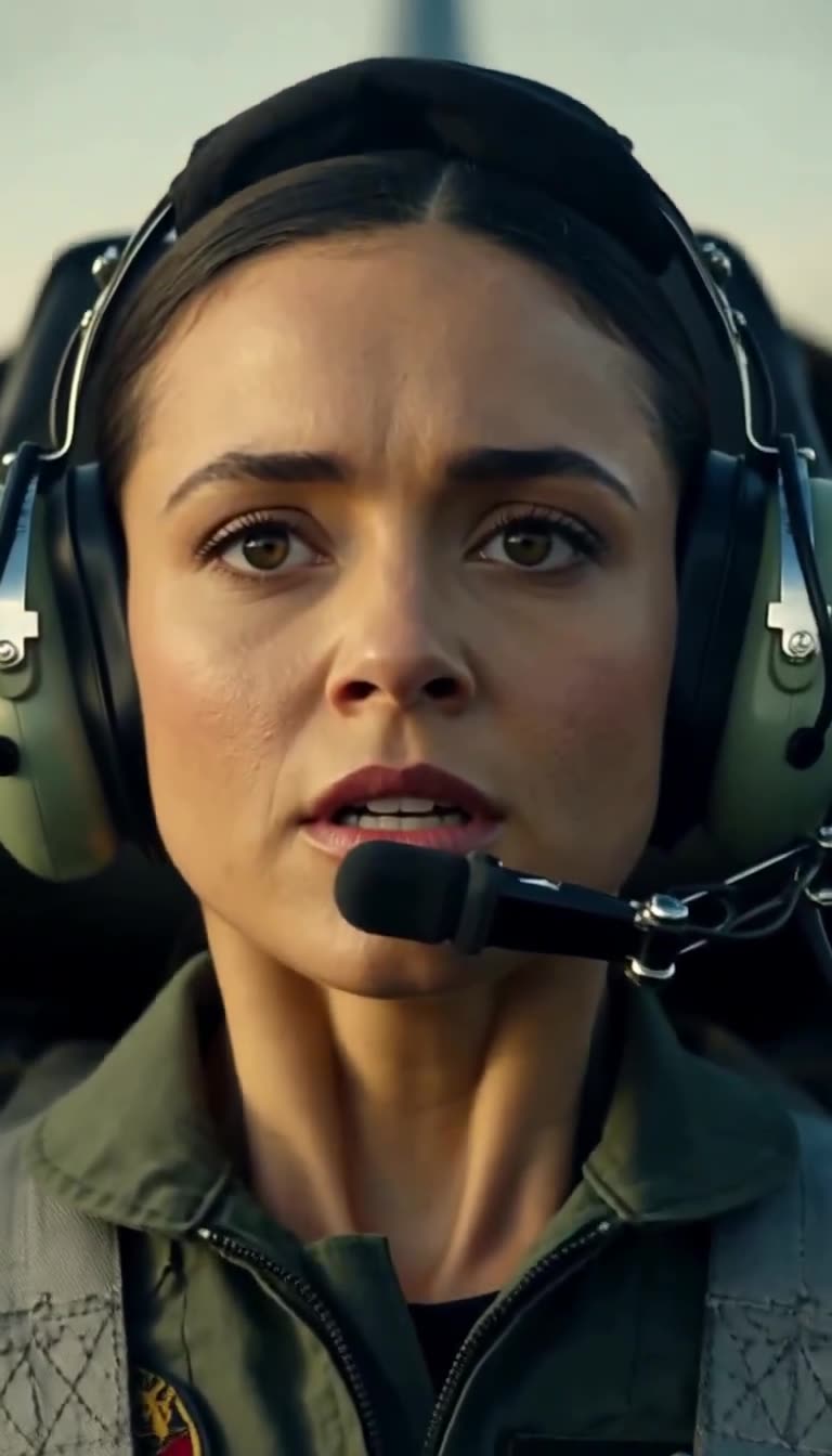 Renee Carter calmly speaking into cockpit radio as captain